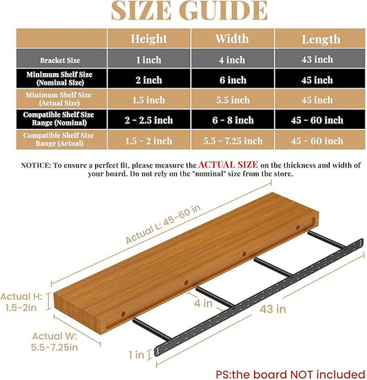2pcs Floating Shelf Bracket Heavy Duty,Decorative Floating Shelf Hardware Hidden Black Metal Fireplace Mantel Brackets (43"X4"X1.0" with Tools)