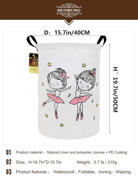 HUNRUNG Laundry Hamper,Large Canvas Fabric Lightweight Storage Basket Toy Organizer Dirty Clothes Collapsible Waterproof for College Dorms, Children Bedroom,Bathroom(Round-Dancing girl)