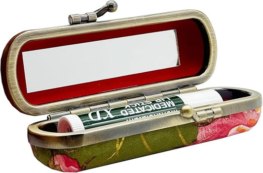 MIAO JIN Lipstick Case with Mirror Lipstick Holder Storage Bag Kiss Lock of Iron Mini Portable Vintage Floral Pattern Jewelry Cosmetic Case (Military Green)