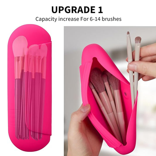 2 IN 1 Silicone Makeup Brush Holder with Beauty Make Up Sponge Holder Case:Soft Portable Cosmetic Face Brushes Holder with Upgrade Anti-Fall Out Magnetic Closure - Babbie Pink