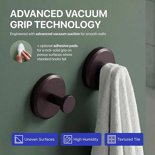 HOME SO Suction Cup Hooks for Shower & Bathroom Towel Holder 2-Pack – Suction Cups Hooks for Hanging Towels, Robes, & Coats - Tiles, Glass Door or Mirror – Shower Hooks & Towel Hooks Organizer -Bronze