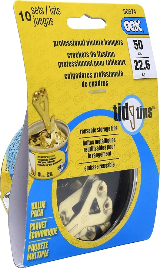 OOK 50674 Professional Picture Hangers, Reusable Art Hooks, Padded, Brass, 50lbs (10 Set) Gold