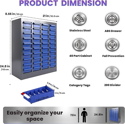 Heavy-Duty 40 Drawer Parts Cabinet, All-in-One Organizer with Acrylic Adjustable Shelves for Nuts, Bolts, Tools - The Ultimate Garage Workshop Storage Solution