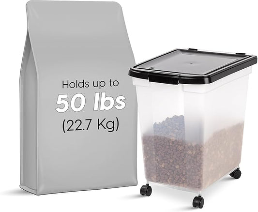 IRIS USA 50 Lbs / 65 Qt WeatherPro Airtight Pet Food Storage Container with Removable Casters, for Dog Cat Bird and other Pet Food Storage Bin, Keep Fresh, Translucent Body, Easy Mobility, Clear/Black