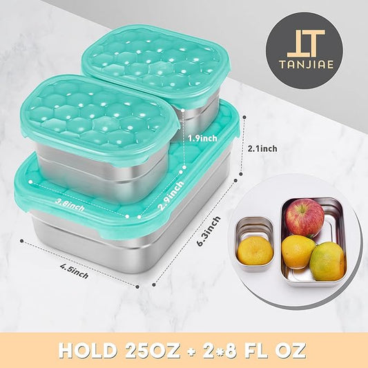 Small Stainless Steel Lunch Containers for Kids | Leak Proof Food Containers with Silicone Lids - Perfect Metal Food Containers with Lids for Kids School and Toddler Daycare (25oz+8oz*2)