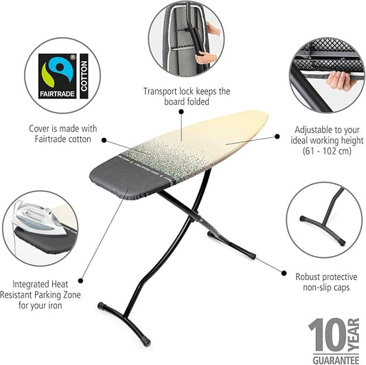 Brabantia - Ironing Board D - Heat-Resistant Steam Iron Zone - Adjustable Height - Non-Slip Rubber Feet -100% Fairtrade Cotton Cover with Foam Layer - Foldable XL Board - New Dawn - Size D(53 x 18 in)