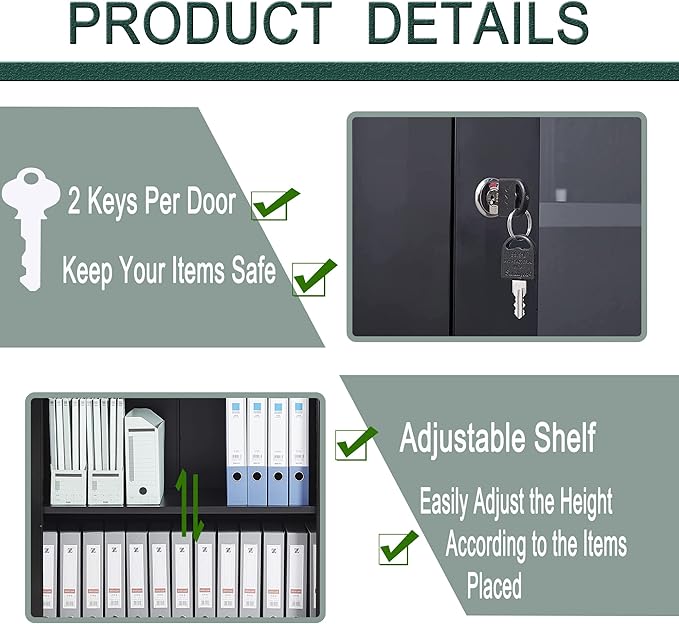 Letaya Storage Cabinet,36" Steel Locker, Lockable Glass Door,2 Adjustable Shelf Organizer Pantry for Office File,Home (36"-Black)