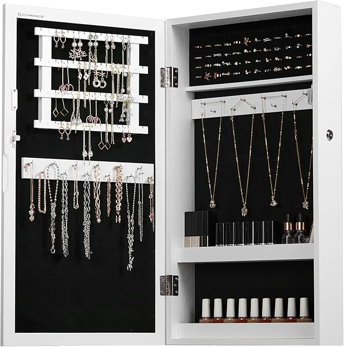 SONGMICS Lockable Jewelry Cabinet Armoire with Mirror, Wall-Mounted Space Saving Jewelry Storage Organizer, White UJJC51WT