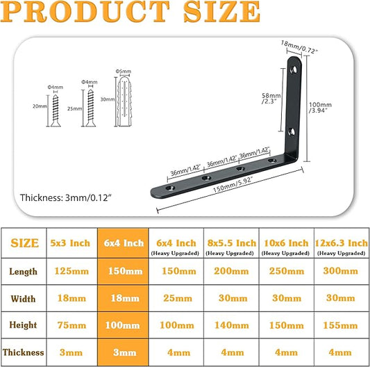 Alise Floating Shelf Brackets,Black Bracket for Shelves Heavy Duty L Bracket Corner Brace,Joint Angle Brace for Wood,6x4 Inch(Pack of 4)