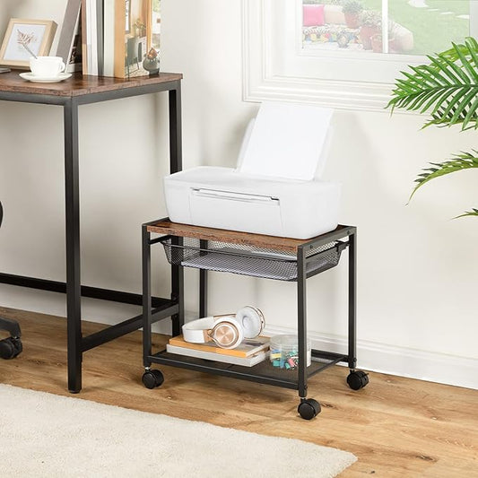 HOOBRO Under Desk Printer Stand, Industrial Printer Cart with Storage Shelf, 2-Tier Mobile Printer Table on Wheels, Heavy Duty Machine Storage Rack for Office and Home Rustic Brown + Black BF12PS01