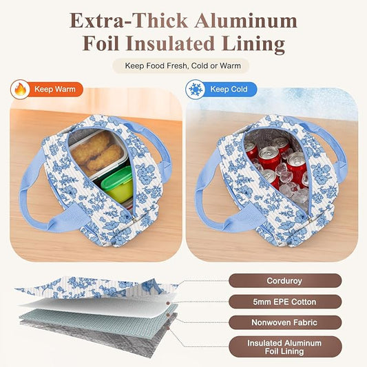 Lunch Bag Lunch Box for Women, Cute Corduroy Insulated Reusable Work Leakproof Simple Adults Flower Large Lunch Boxes Tote Bag Men Cooler Bag