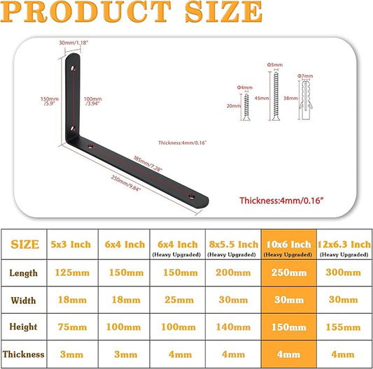Alise Floating Shelf Brackets,Black Bracket for Shelves Heavy Duty L Wall Bracket Corner Brace,Stainless Steel Joint Angle Brackets for Wooden Board Hanging Support,10x6x1.2 Inch Upgraded(Pack of 4)