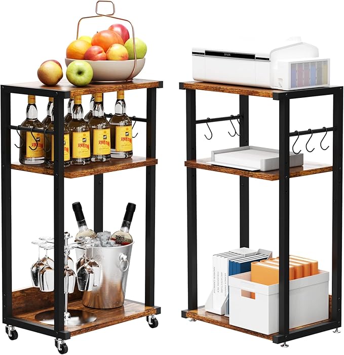 YMYNY Mobile Printer Stand, 3-Tier Printer Cart with Adjustable Storage Shelf and 6 S-Hooks, Tall Printer Table for Home Office, for Computer Tower Stand, Shredder, CPU Stand, Rustic Brown, UHPT002H