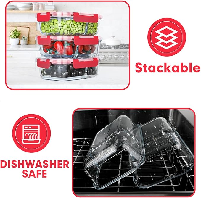 VERONES 10 Pack Glass Meal Prep Containers 2 Compartment Set, 30 OZ Airtight Glass Lunch Containers, Food Storage Containers with Lids, for Microwave, Oven, Freezer & Dishwasher Friendly,Red