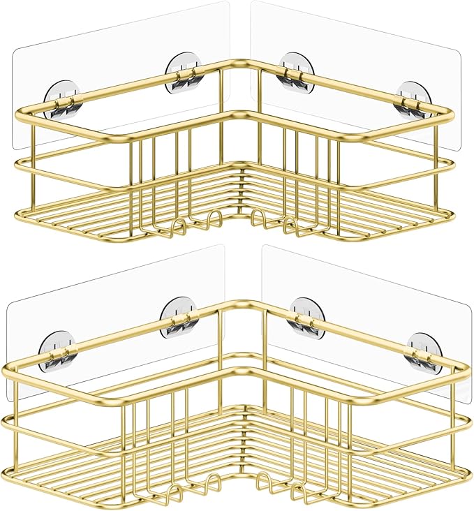 Menbyci 2 Pack Corner Shower Caddy, Adhesive Bathroom Shelf with 8 Hooks, Rustproof Stainless Steel Bathroom Organizer, No Drilling Shower Shelves Basket Wall Storage Rack Shampoo Holder (Gold)