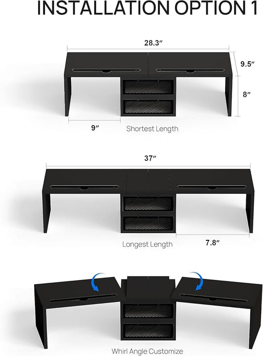 ZIFTY Dual Monitor Stand Riser with 2 Drawer and Smartphone Holder Wooden Desk Organizer, Adjustable Length & Angle Workspace Organizers for 3 Monitors Laptop Printer Computer, Black