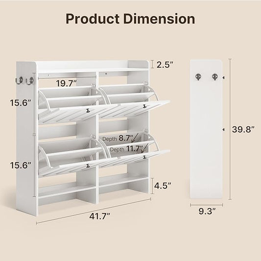 Gizoon Shoe Cabinet with 4 Fijp Drawers, Shoe Storage Cabinet for Entryway, Freestanding Hidden Rack with Open Shelf, Narrow Storage Organizer for Hallway, White