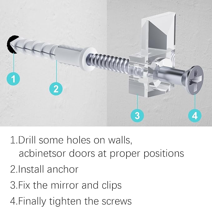 Mirror Holder Clips Kit,Crystal Clear Plastic Mirror Clip,Mirror Holder Clips Glass Retainer Clips Kit,Mirror Hanging kit with Screws and Fixed Mirror Box Door (Classic Style-50Sets)