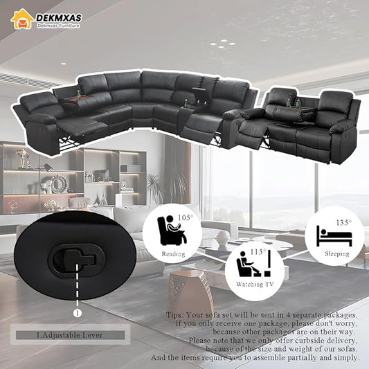 Reclining Sectional Sofa, 4 Pieces Living Room Furniture Sets, Black Leather Sectional Manual Recliner Sofa Set with Drop-Down Table, Cup Holders, Storage Console for Living Room, Bedroom