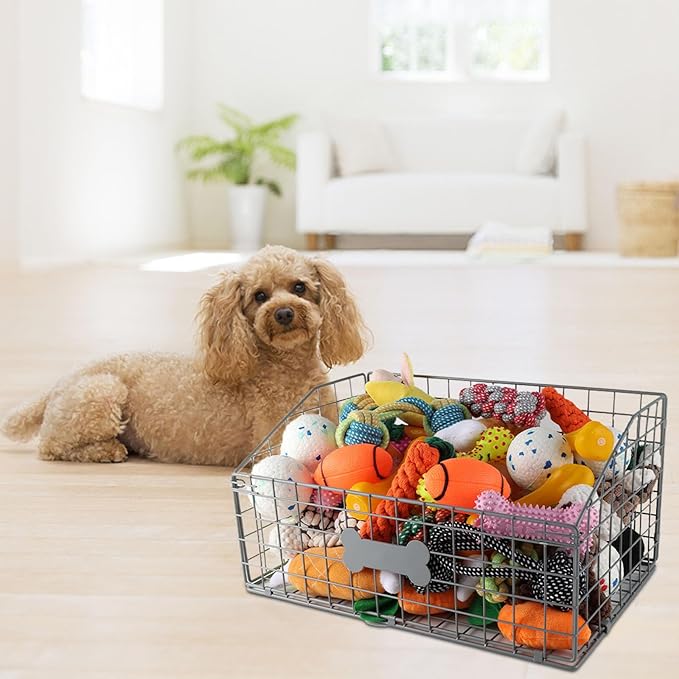 Geyecete Toy box for dogs large Dog Toy organizer Pet wire folding basket dog toy container dog toy box -Can be Personalized-Cat and Puppy-Gray
