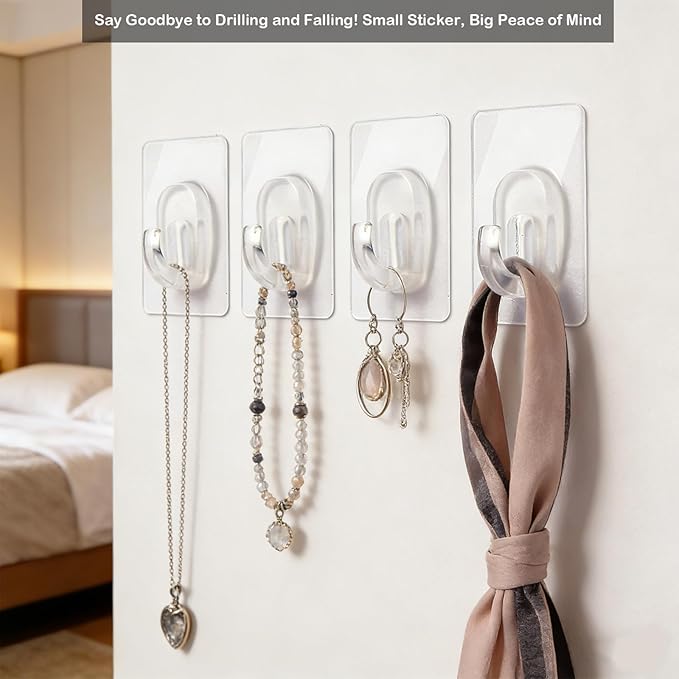 27 Pack Small Adhesive Wall Hooks, Clear Mini Hooks with Adhesive Strips, Damage Free Sticky Hooks for Hanging Decorations,Lights and Cables
