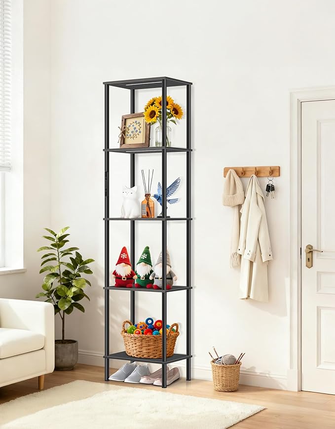 5 Tier Tall Display Shelves with LED Lights, Touch & Remote Control, Dimmable Display Cabinet, Open Bookshelf with 3 Color Temperature, Timer for Living Room, Bedroom, Home Decor(Black)