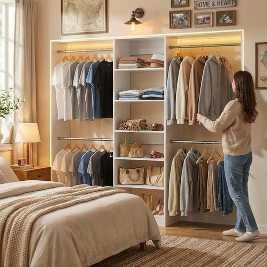 Homieasy White Wooden Closet System, 4.5-10ft Expandable Closet Organizer with 5 Hanging Rods & 4-Tier Shelving Tower, Adjustable Walk-in Reach-in Wardrobe Storage Solution for Bedroom