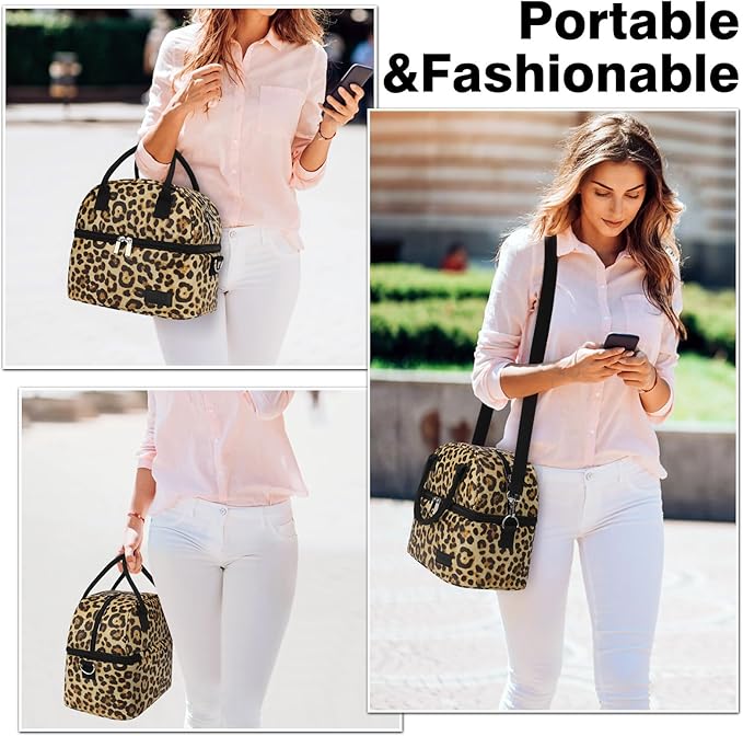 BALORAY Lunch Bag for Women Men, Double Deck Lunch Box for Adults, PU Leather Lunch Tote Bag Insulated Lunch Bags with Strap for Work Office Picnic (leopard with strap)