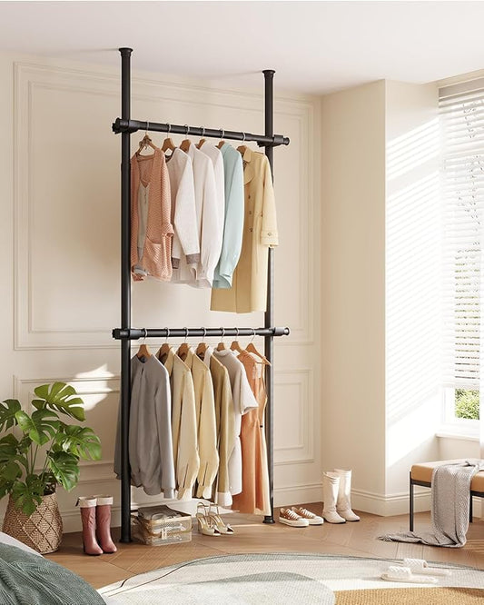 Floor to Ceiling Clothes Rack, Heavy-Duty Telescopic Garment Rack, 43–122in Height & 30–47in Width, 220lbs Total Load Capacity, 2-Pole, Black