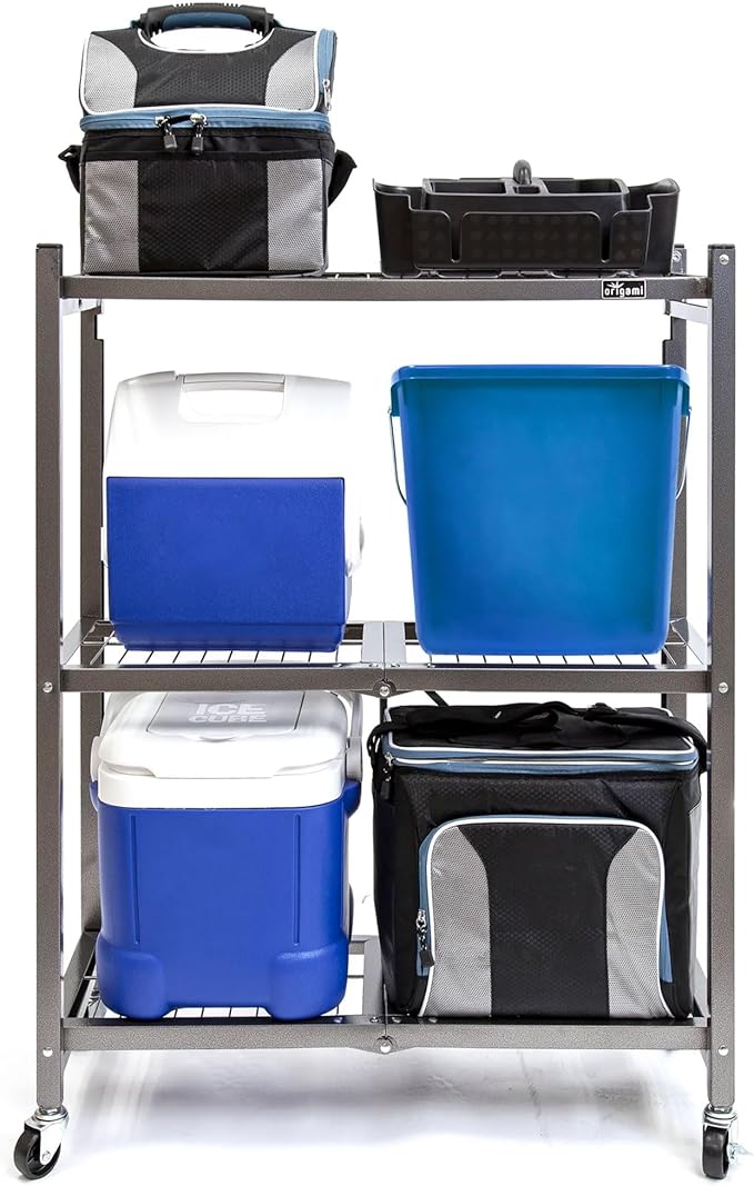 Origami 3-Tier Foldable Storage Shelves, Heavy Duty Rolling Shelf Rack with Wheels, Pewter