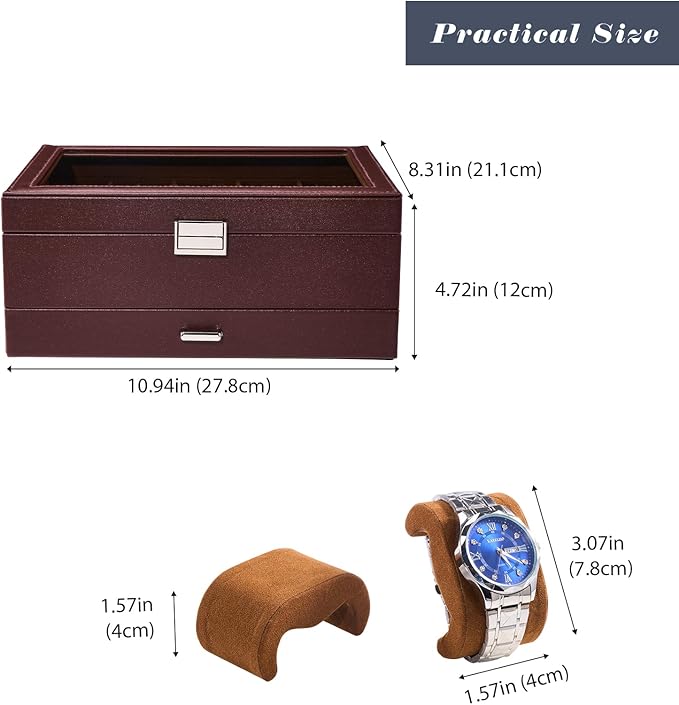 ProCase Watch Box, 10 Slot Watches Display Case with Drawer, Mens Watch Case with Glass Lid, 2-Layer Mens Jewelry Organizer Storage Holder, Birthday Valentine Gifts for Men -10 Slot, Espresso