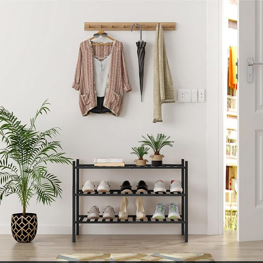 Z&L HOUSE 3-Tier Shoe Rack for Closet, Stackable Bamboo Shoe Rack for entryway, Hallway, Bathroom, Multifunctional Utility Free Standing Shoe Shelf Black