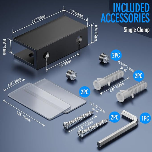 Ranbo 2 Pcs Frameless Glass Clamp Brackets for Shelf and Shower, Heavy Duty Wall Mount Rectangular Holders for 1/4" to 1/2" Panels, Matte Black Finish Hardware