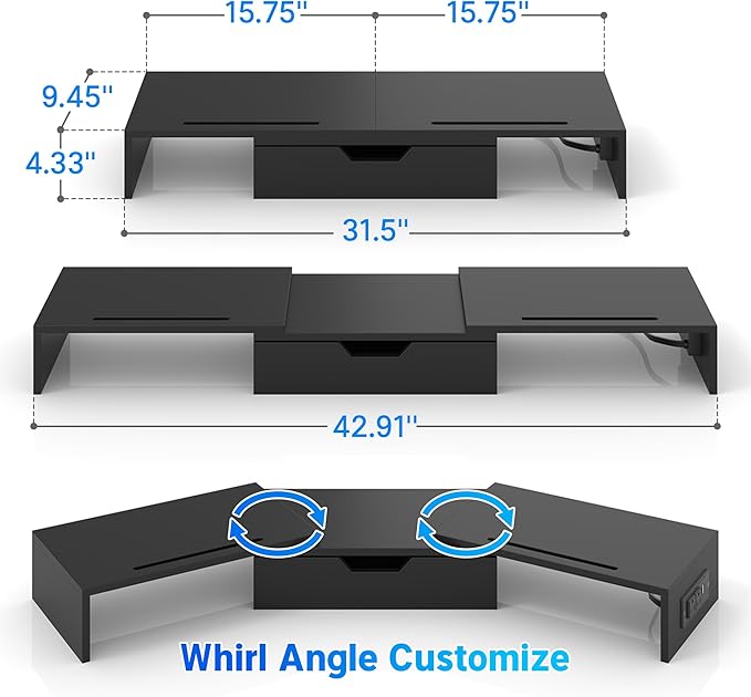 Elephance Dual Monitor Stand with USB Ports,Wood Computer Monitor Stand with Drawer,Adjustable Monitor Stand Riser,Desk Organizer for PC,Computer,Laptop,Black