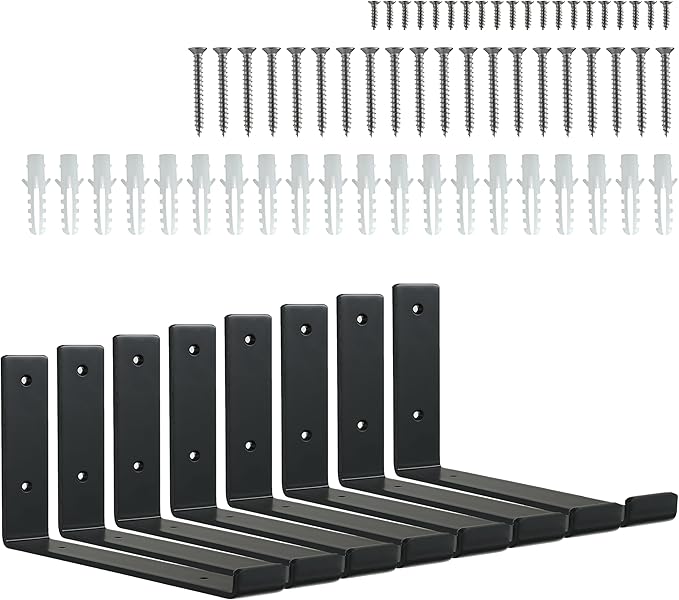 HEART ART Black Shelf Bracket 8 inch, J Metal Heavy Duty Shelf Support Brackets 8 Pack,8.3" L×4" H×1.5" W.
