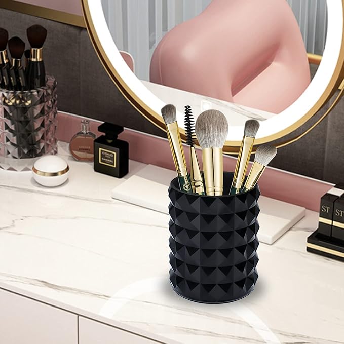 Acrylic Makeup Brush Holder Organizer, Black Pencil Pen Holder, Crystal Cosmetics Brushes Cup Storage Solution, Round