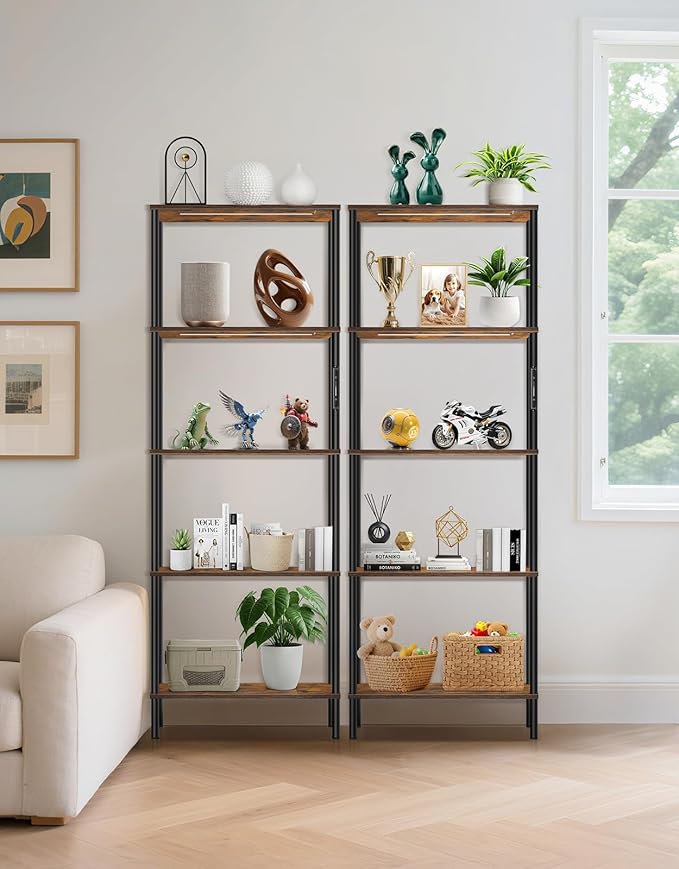5 Tier Bookshelf with LED Light, Dimmable Bookcase with Touch & Remote Control, 3 Color Temperatures, Tall Modern Display Standing Shelf for Living Room, Bedroom, Home Office (Rustic Brown)