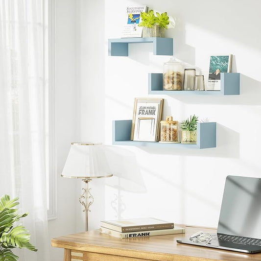 SRIWATANA Floating U Shelves Wall Mounted, Solid Wood Wall Shelves Set of 3 (Blue)