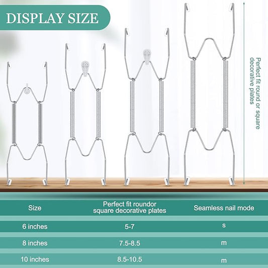 Hotop 12 Pieces Plate Hangers for Wall Stainless Steel Wire Invisible Heavy Duty Plate Hangers Display Holders with 12 Pieces Hooks for Wall Decorative(6/8/10 Inch,Silver)