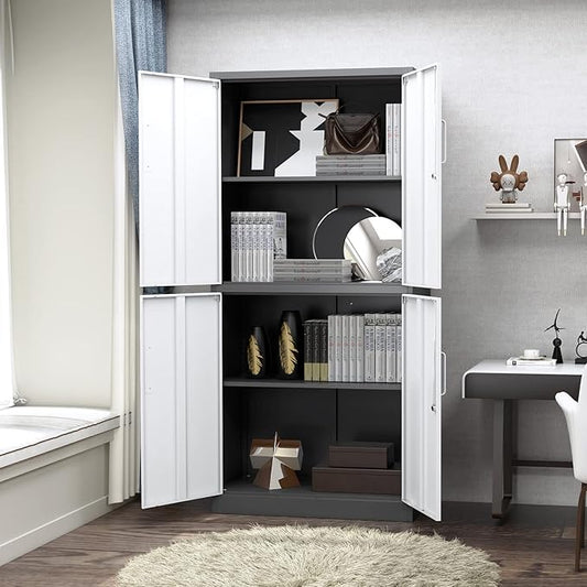 Metal Storage Cabinet with Lock, 71" Tall Steel File Locker with 2 Adjustable Shelves and 4 Doors, Tall Cabinet for Office, Garage, Home, Pantry (Grey White)