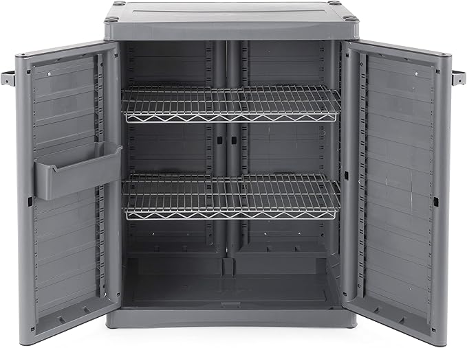 Gracious Living 2-Shelf Base Cabinet, MaxIt Lockable Utility Storage with Adjustable Shelves for Garage, Basement, Workshop, Grey - Small