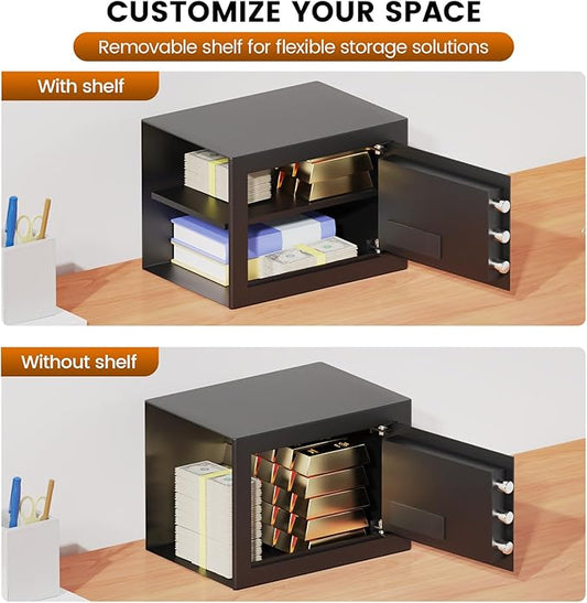 Safe Box, Fireproof Home Safe with Fireproof Waterproof Bag, 9.84 Inches Tall Anti-Theft Digital Security Lock Box with Smart Alert System, Removable Shelf, Mute Function, Document Safes for Jewelry