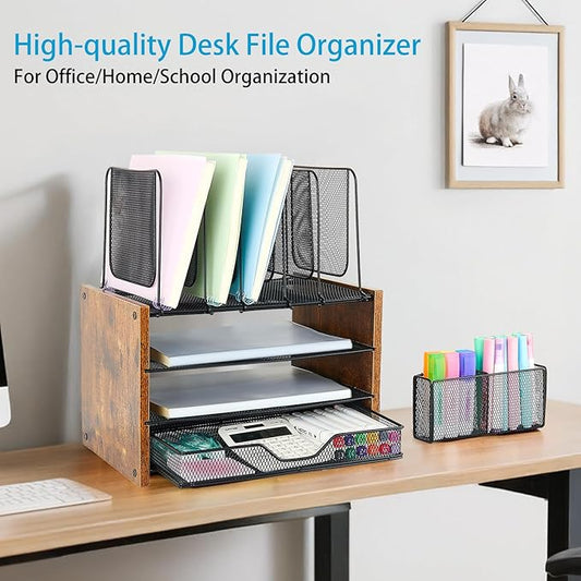 OPNICE Desk Organizer, 4-Tier Desktop File Organizer with Drawer and 2 Pen Holders, Office Desk Accessories, Workspace Organizers for Office Supplies(Brown Wood)