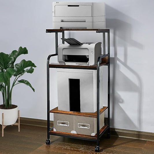 4 Tier Printer Stands, Multipurpose Office and Home Printer Desk with Wheels, Shelving for Printers, Fax Machines, Scanners, Vintage Brown