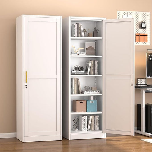 67" Metal Storage Cabinet with Lock, Tall Narrow Office File Cabinets with 5 Adjustable Shelves, Metal Steel Locker for Home, School, Office, Garage or Gym (White)