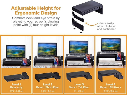 Bostitch Konnect Adjustable Monitor Riser with Drawer, Cell Phone Stand & Pencil Holder, Laptop Stand for Desk, 4 Height Levels, Cable Management & Rubber Feet