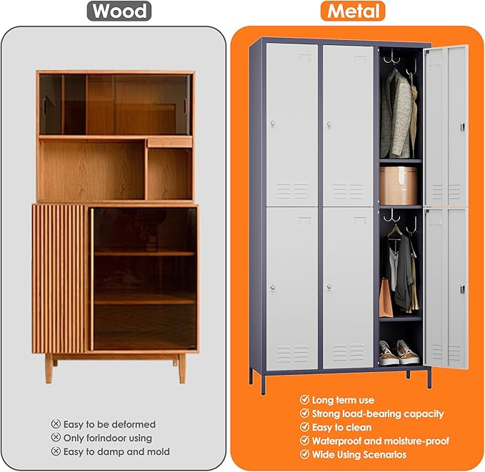 Aobabo Upgraded Metal Storage Lockers for Employees, 72inch Tall 6 Doors Metal Locker with Lock and Name Card Slot, Industrial Storage with 18 Hooks, for Office Gym, Assembly Required,Grey White