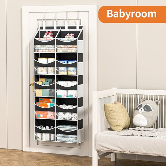 Aokeyee 5 Tiers Over the Door Storage Organizer, Behind Door Storage for Baby Nursery, 80lb Capacity Door Hanging Organizer with 10 Compartments & 10 Mesh Pockets for Closet, Bedroom, Bathroom, Toys