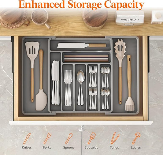 Lifewit Utensil Organizer for Kitchen Drawer, Expandable Cooking Silverware Tray, Adjustable Cutlery Flatware Holder, Plastic Spatula Tools Storage Divider, 13-22.4 x 15", Gray