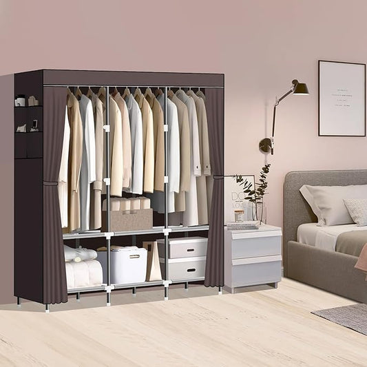 LOKEME Wardrobe Closet,Portable Closet for Bedroom Steel Pipe Diameter 19mm Strong and Sturdy Coffee Colored Portable Closets for Hanging Clothes with 3 Hanging rods, 6 Storage Shelves and Side Pocket
